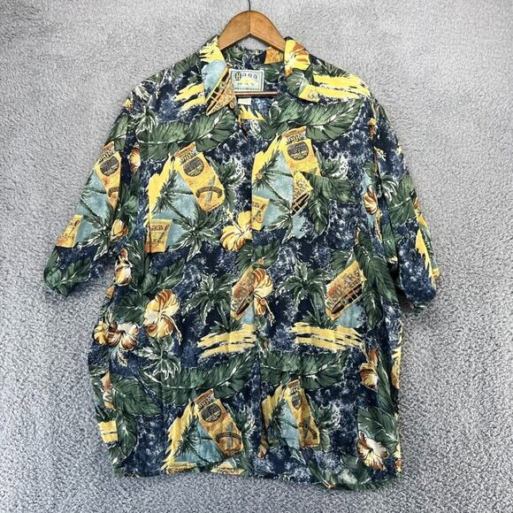 Vintage Ohana Bay Hawaiian Shirt Men's Large Green Yellow Cigar Floral All Over - Picture 1 of 9